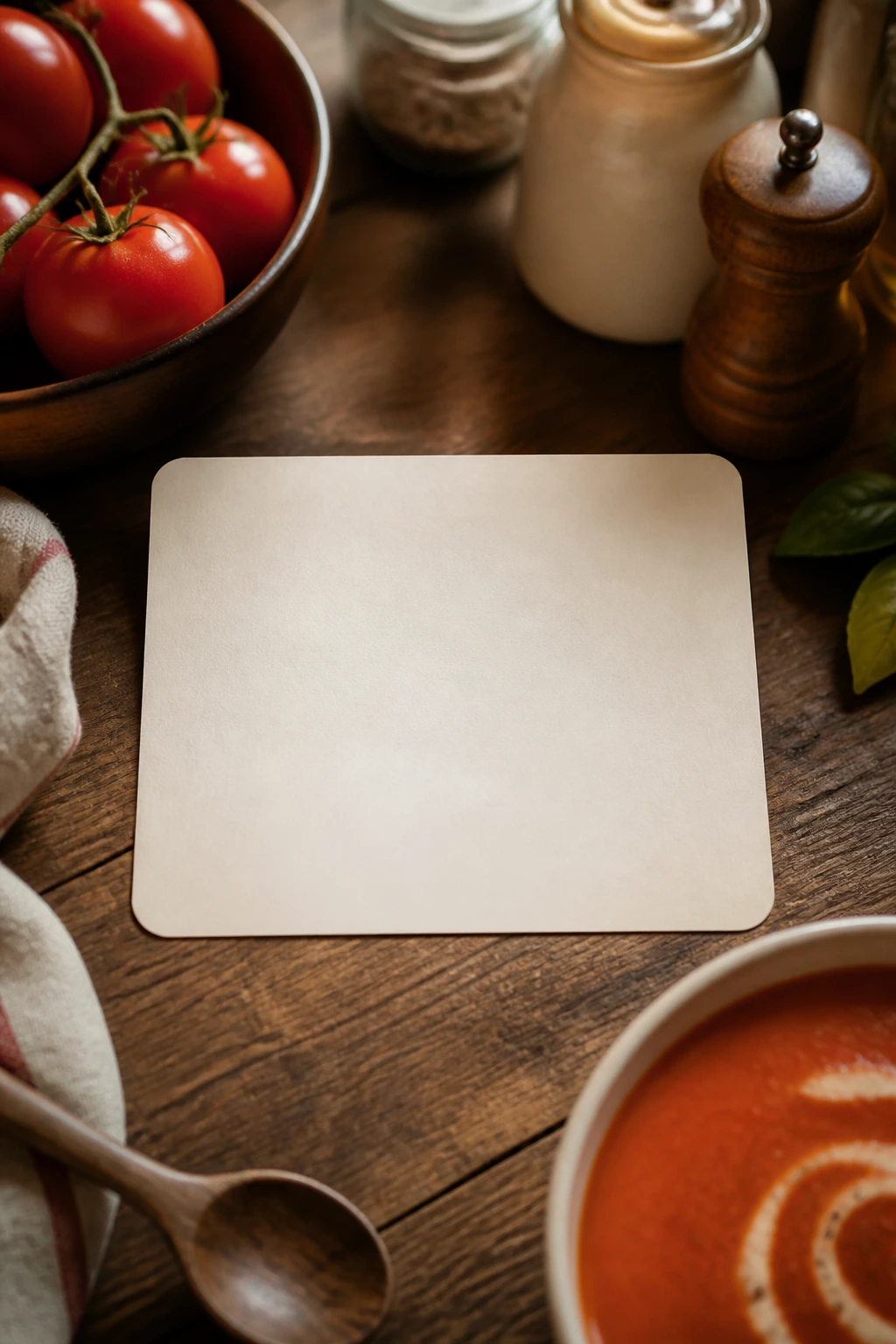 Blank recipe card on wooden counter in a warm kitchen
