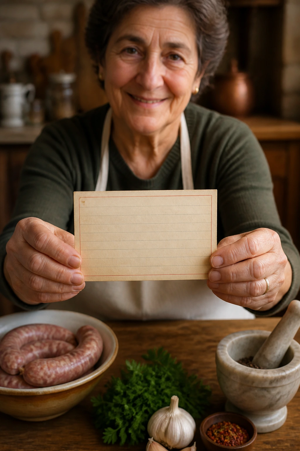 Portrait of a real person in a rustic kitchen holding a blank recipe card