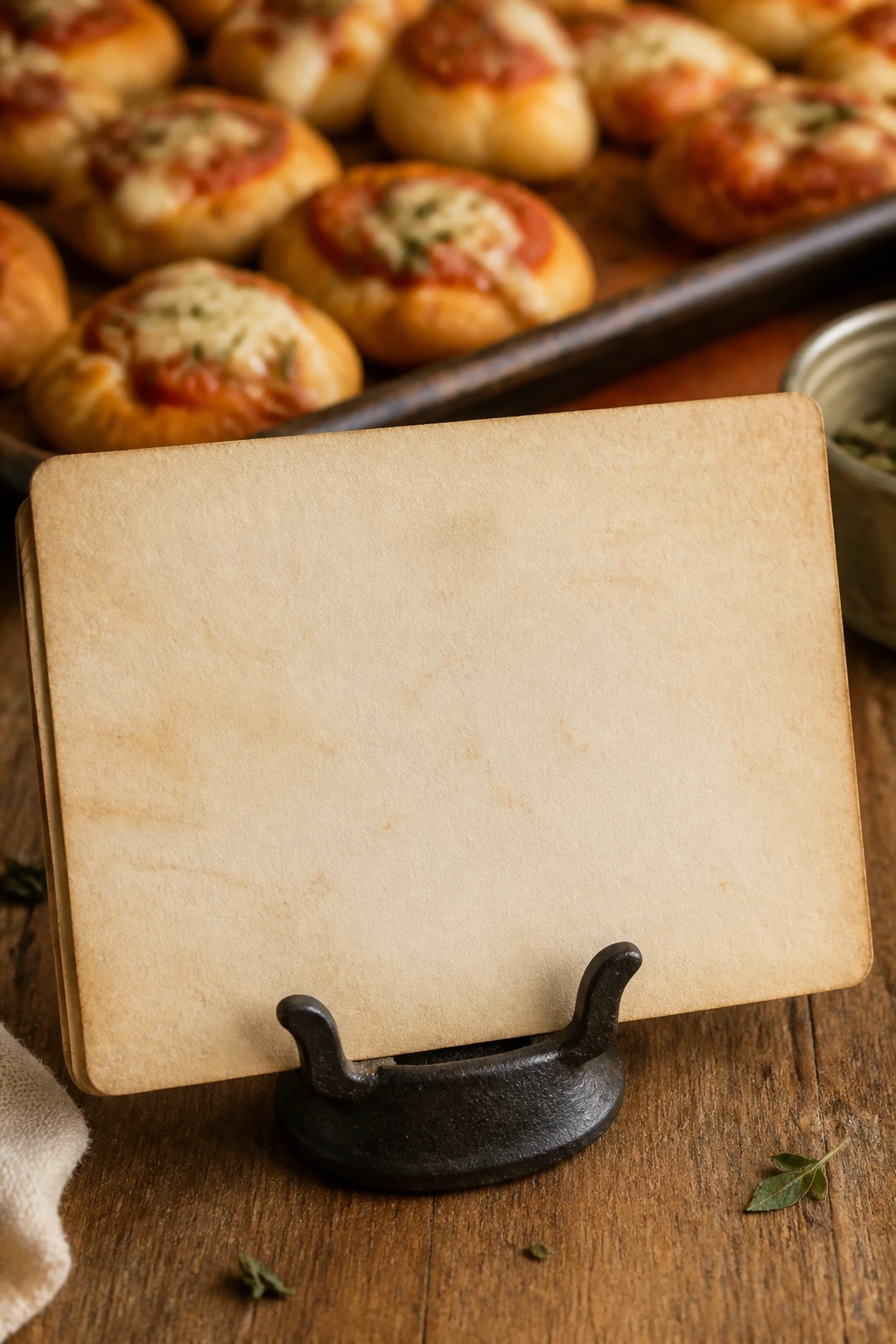 Blank rustic recipe card on wooden counter with tray of mini herbed pizzas in the background