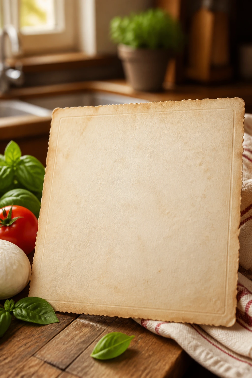 Close-up of a textured recipe card on a wooden counter with warm kitchen light