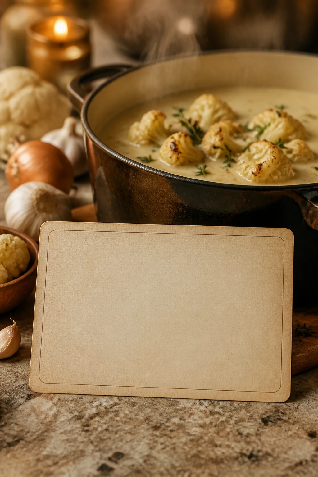 Blank recipe card on a counter with soup in background, no text visible