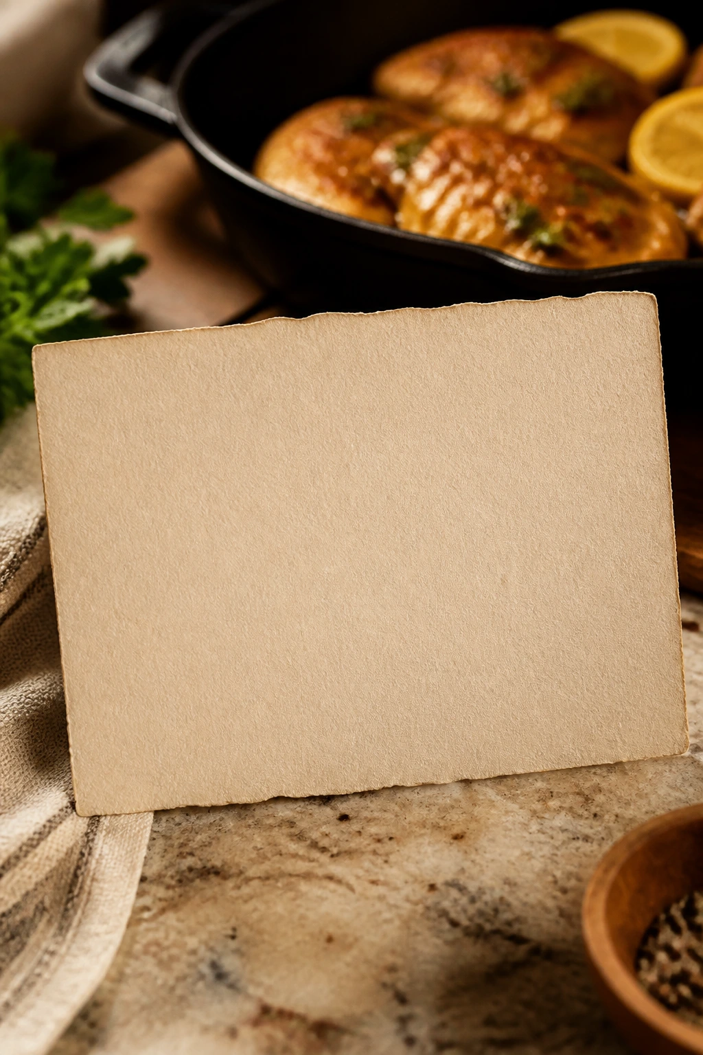 Close-up of a blank rustic recipe card on a kitchen counter with a blurred skillet in the background