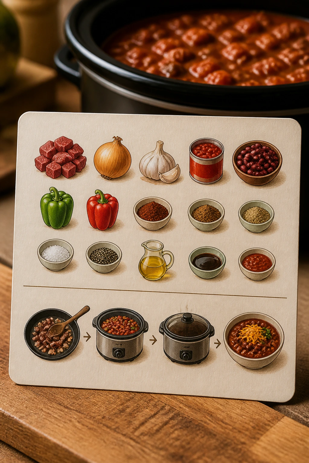 Recipe card on a wooden counter with chili in the background