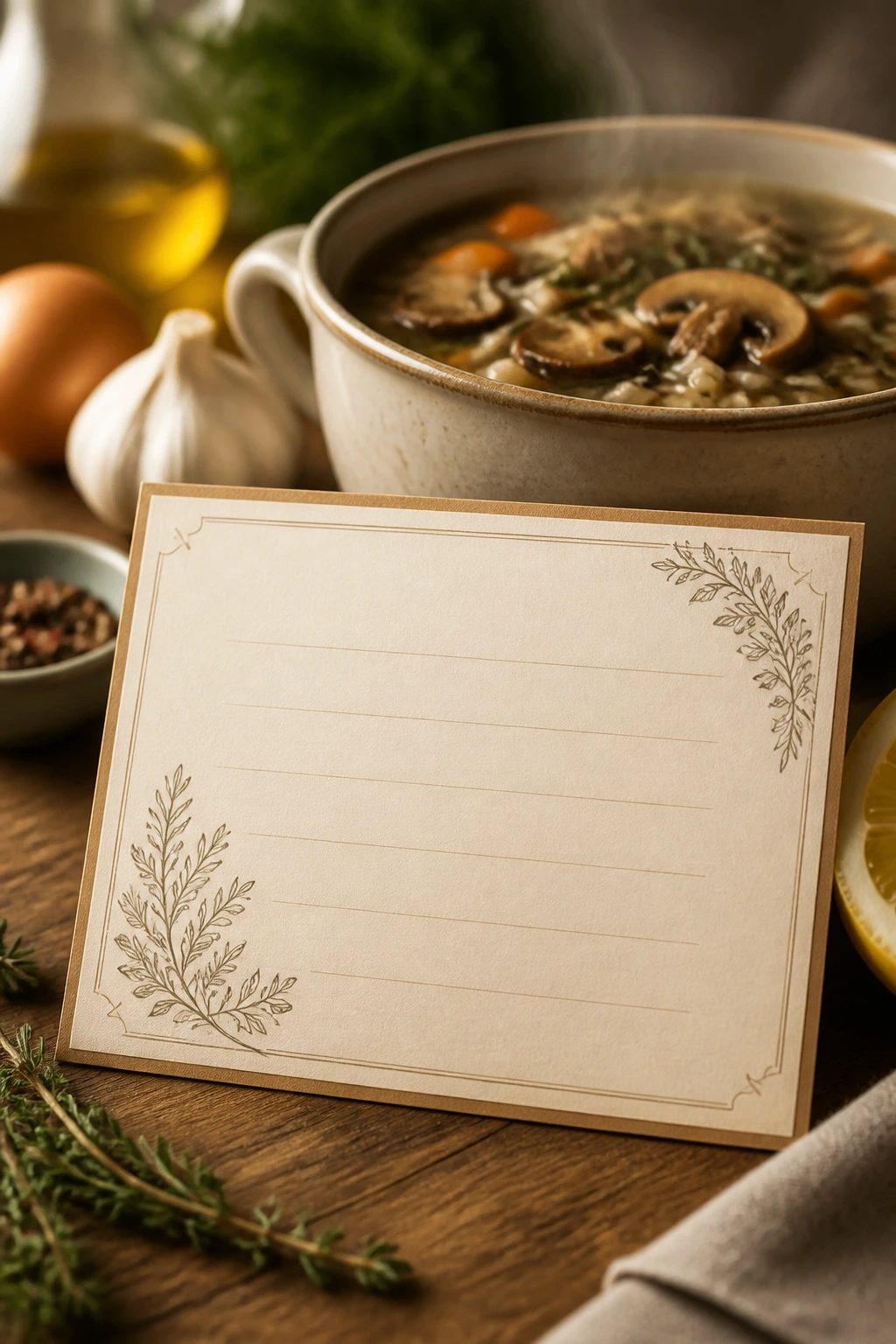 Close-up of blank decorative recipe card on wooden counter with steaming soup blurred in background