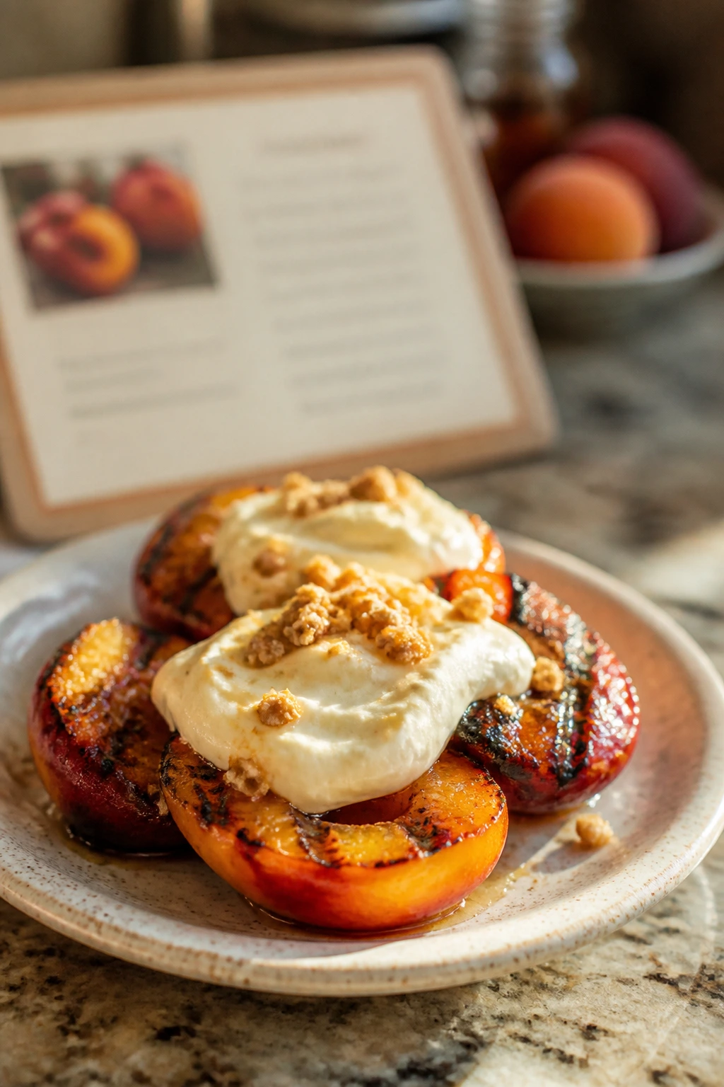 Plated grilled fruit dessert with frosting and a blurred background recipe card