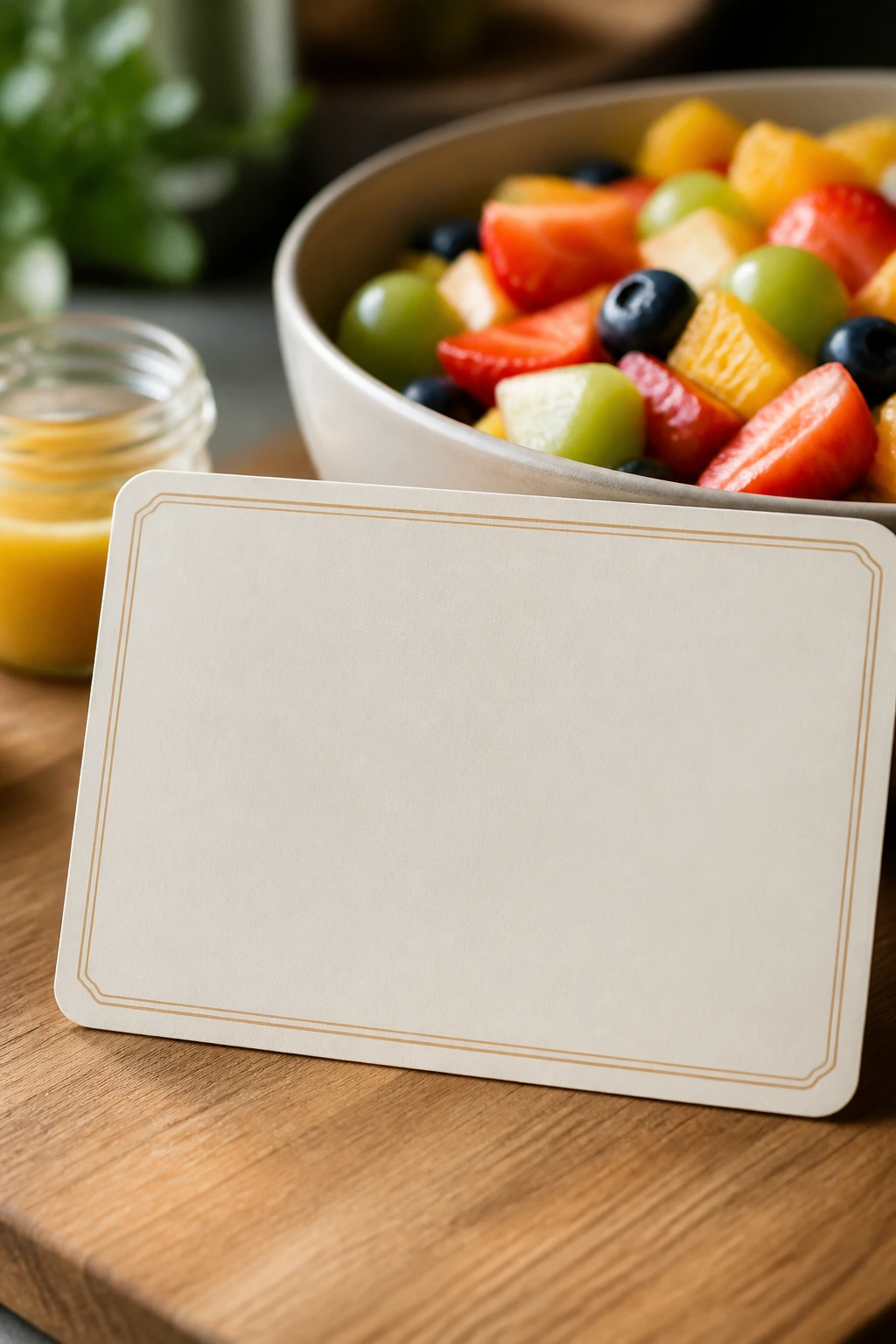 Blank recipe card with a fruit salad bowl in the background