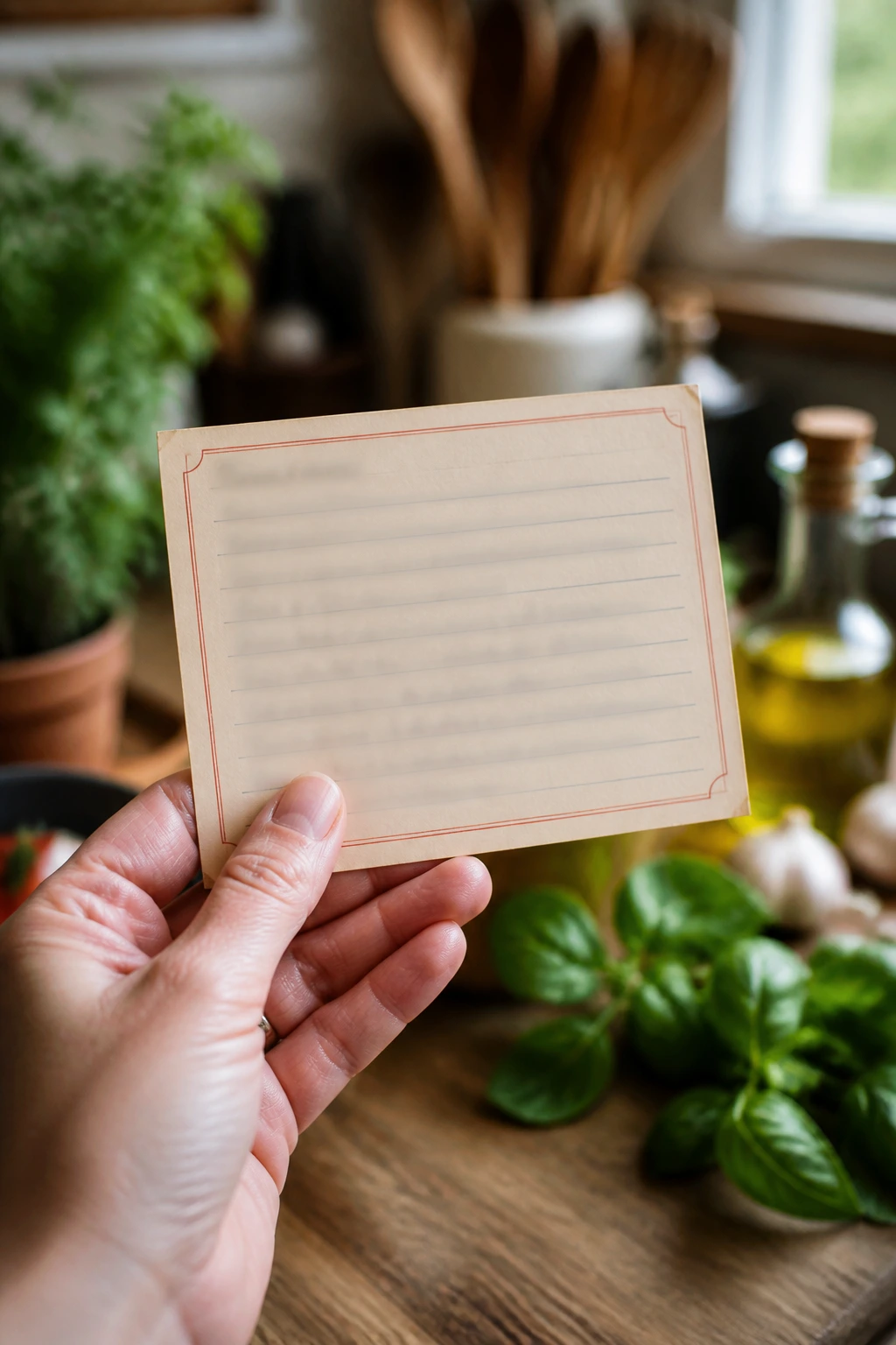 Hand holding a blurred-text recipe card in a kitchen