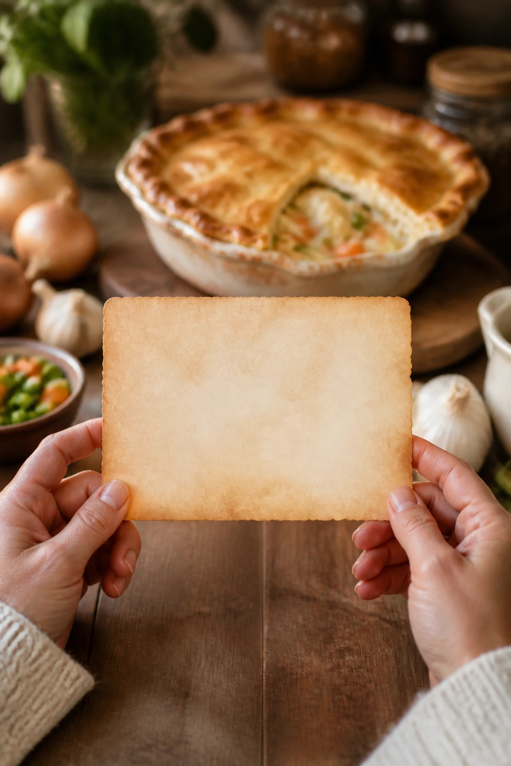 Hands holding blank parchment recipe card in warm kitchen