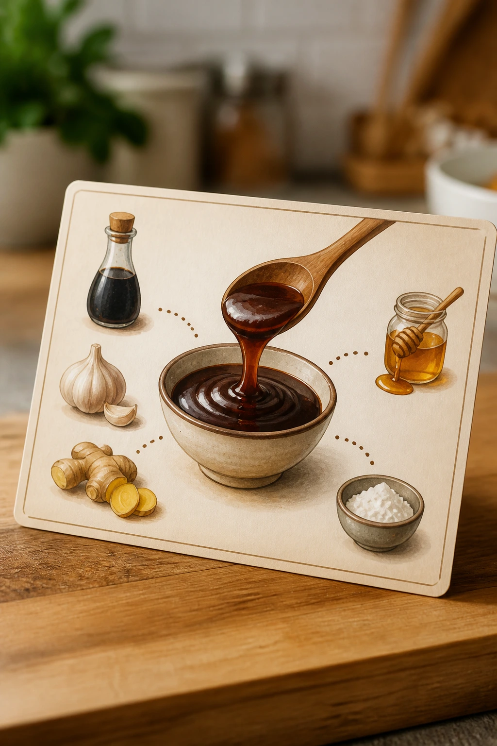 Stylized recipe card with ingredient icons for sticky stir fry sauce