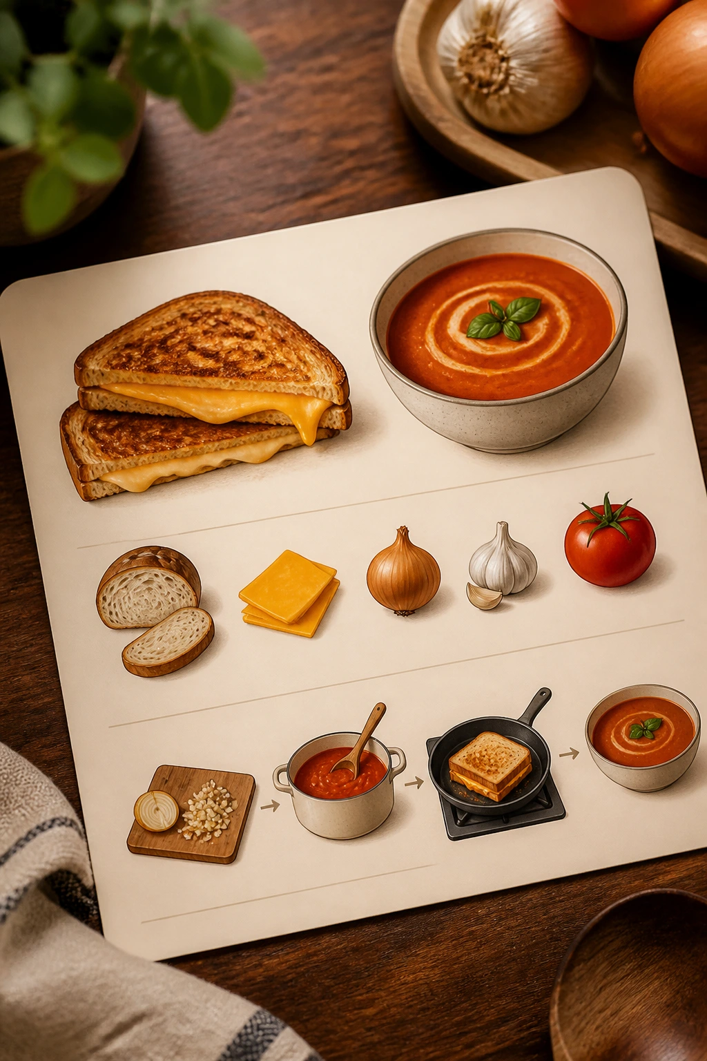 Close-up of a text-free recipe card with food icons for grilled cheese and tomato soup