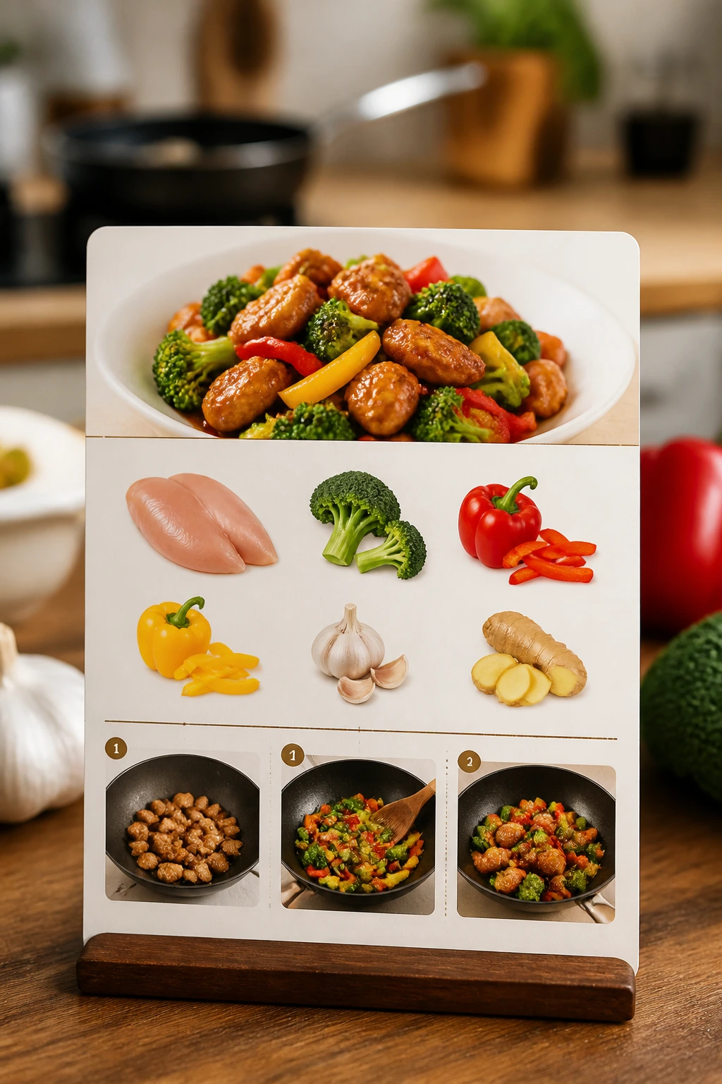Stylized recipe card layout with illustrated icons of chicken and vegetables