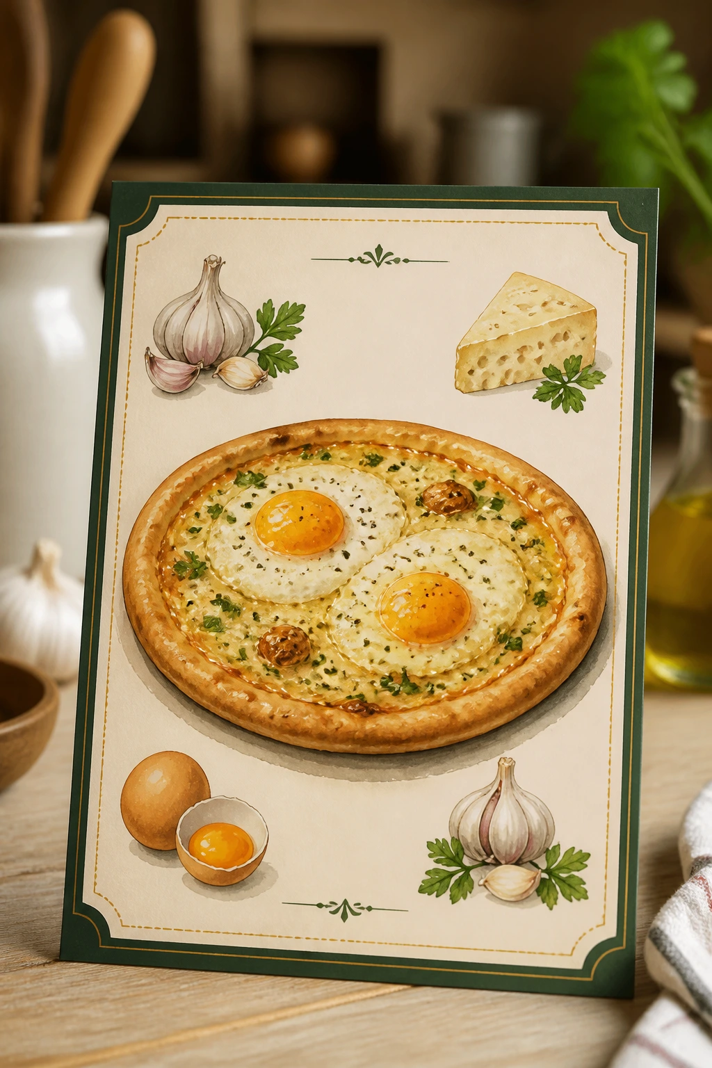 Decorative recipe card with ingredient icons for garlicky egg breakfast pizza
