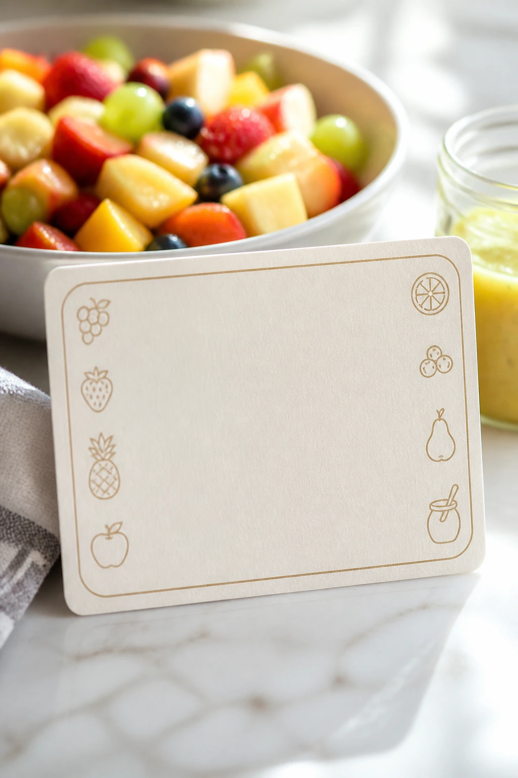 Minimalist recipe card with fruit icons beside a bowl of fruit salad in a bright kitchen