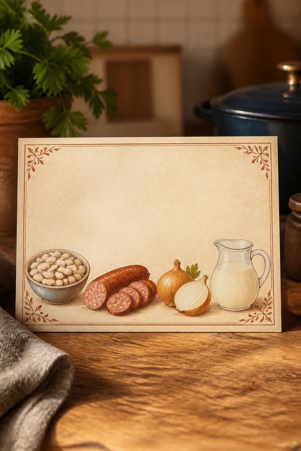 Stylized, text-free recipe card with illustrated soup ingredients