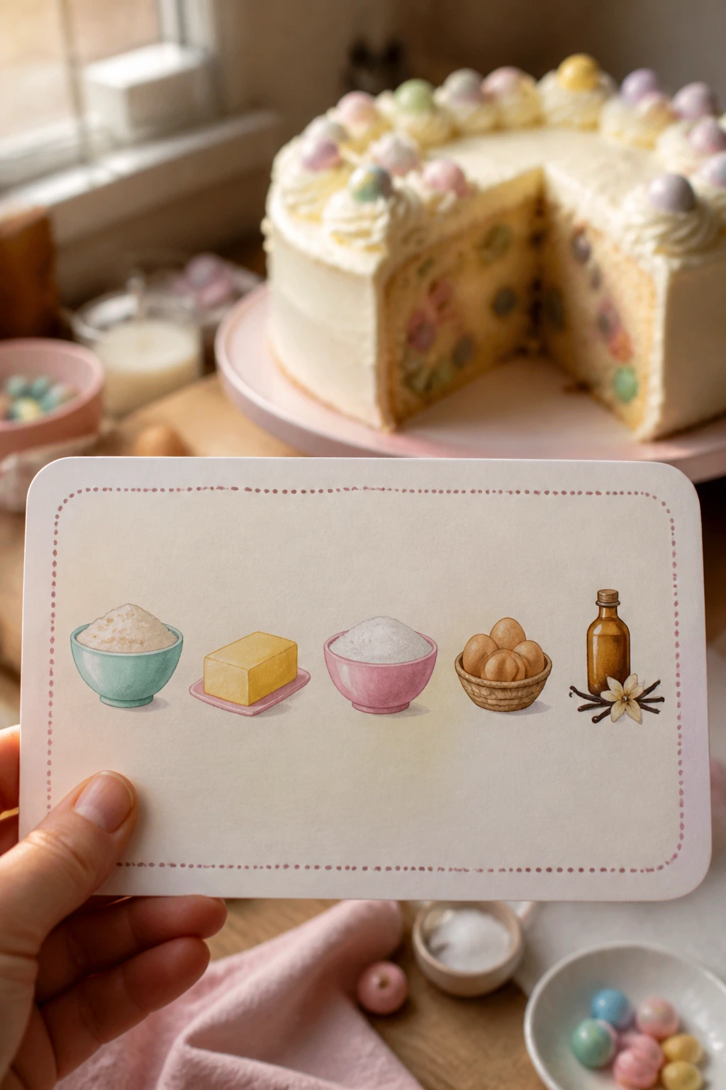 Hand-held illustrated recipe card with icons, in a kitchen with cake in background