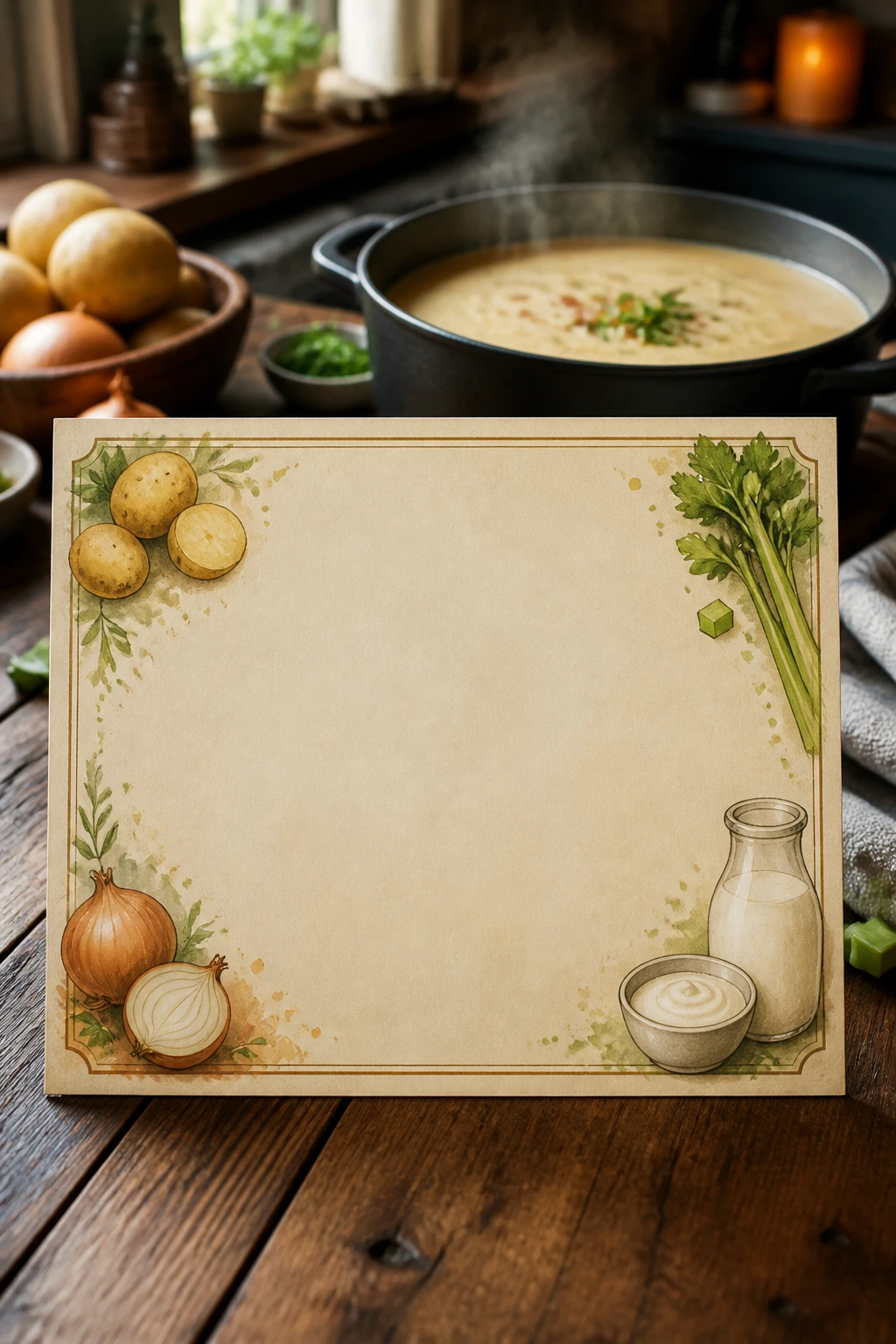 Illustrated recipe card with ingredient icons for potato soup on a wooden counter, cozy kitchen backdrop