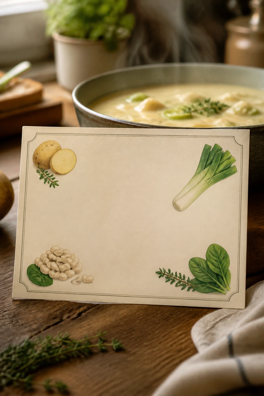 Text-free illustrated recipe card on a wooden counter with a steaming soup bowl in the background