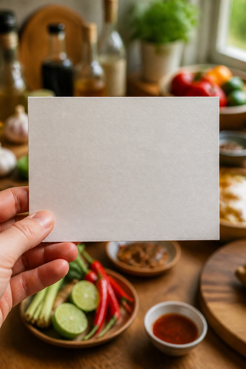 Real person holding blank recipe card in a kitchen