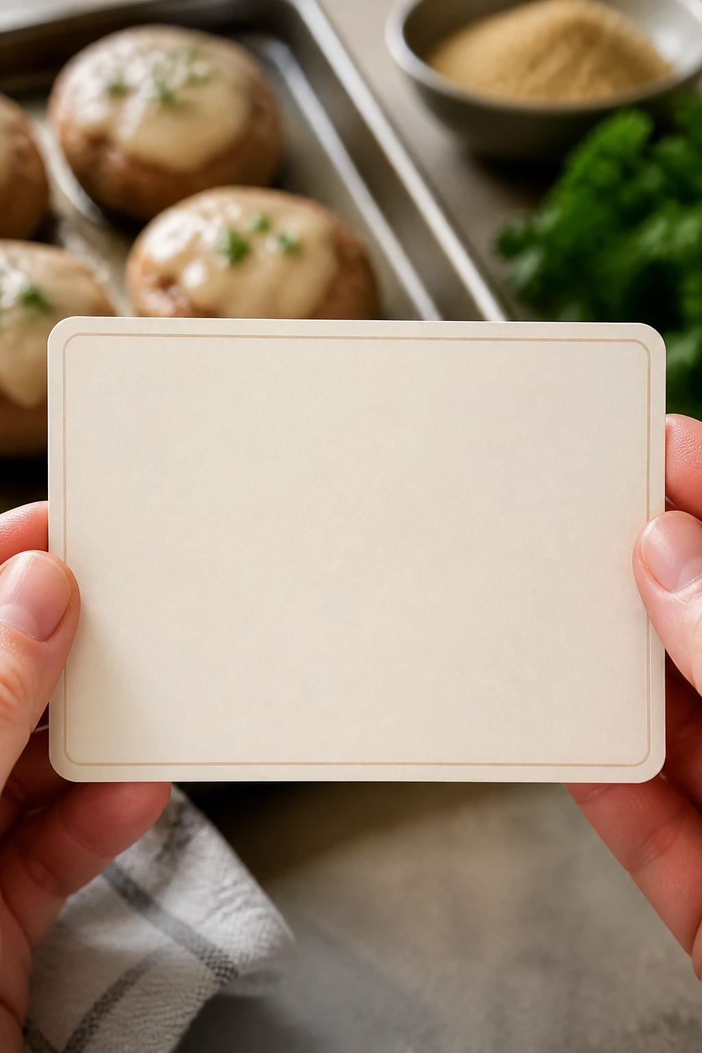Close-up of a blank recipe card held in hands in a warm kitchen
