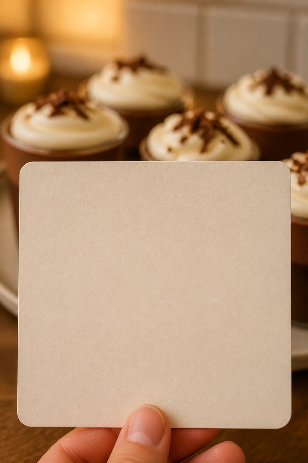 Blank recipe card with blurred mousse cups in a kitchen setting