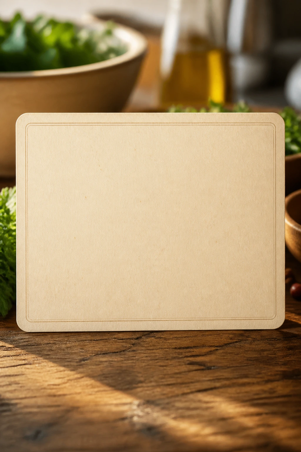Blank recipe card on wooden kitchen counter