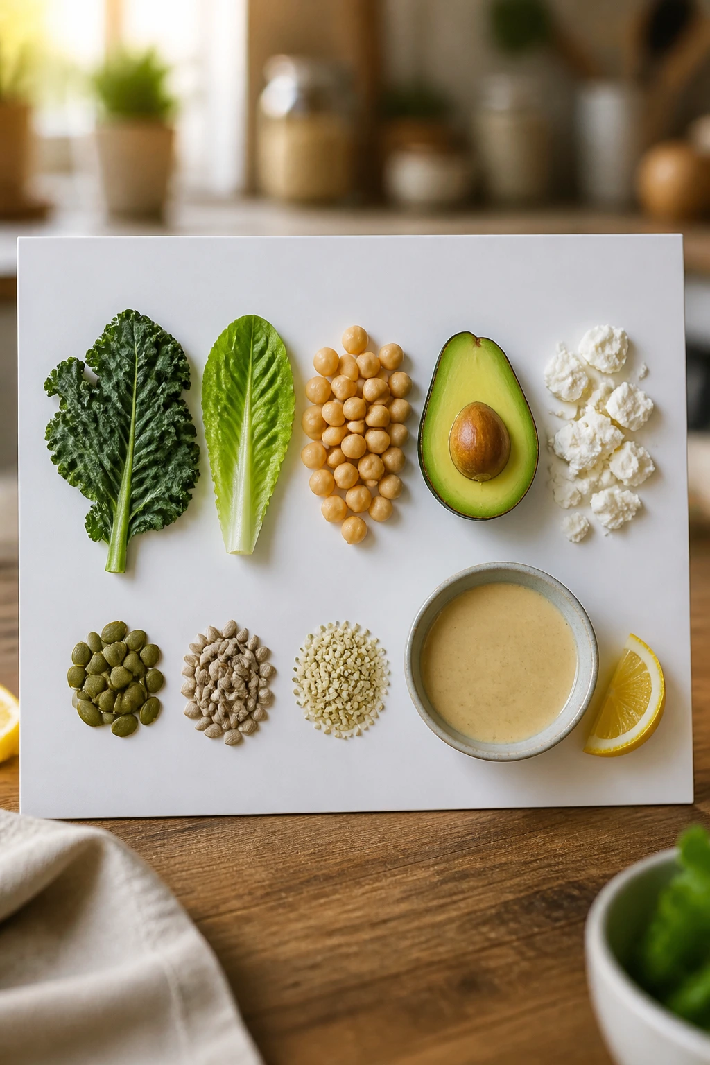 Close-up of a recipe card concept with abstract salad icons on a wooden table