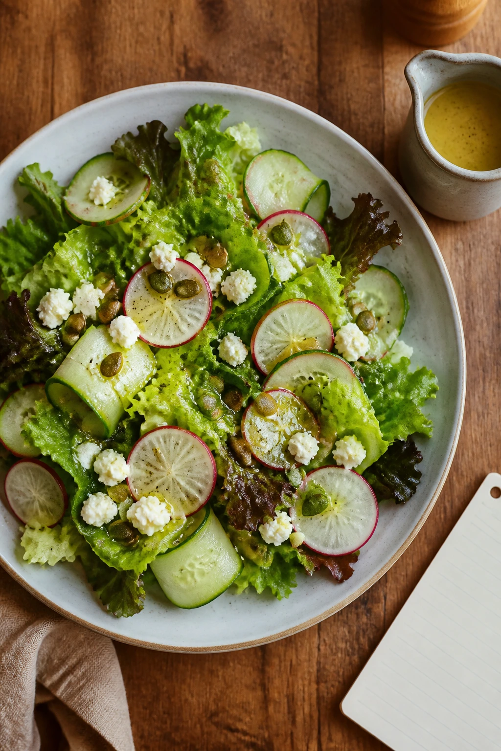 Top-down view of a bright plated salad with a blank recipe card at the edge of a wooden table.
