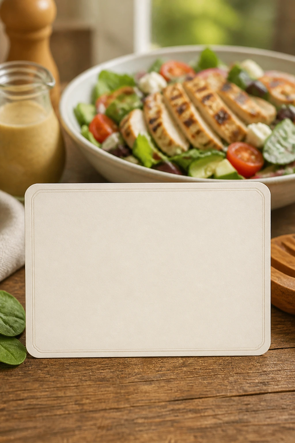 Blank recipe card on a counter with a colorful chicken salad in back, kitchen setting