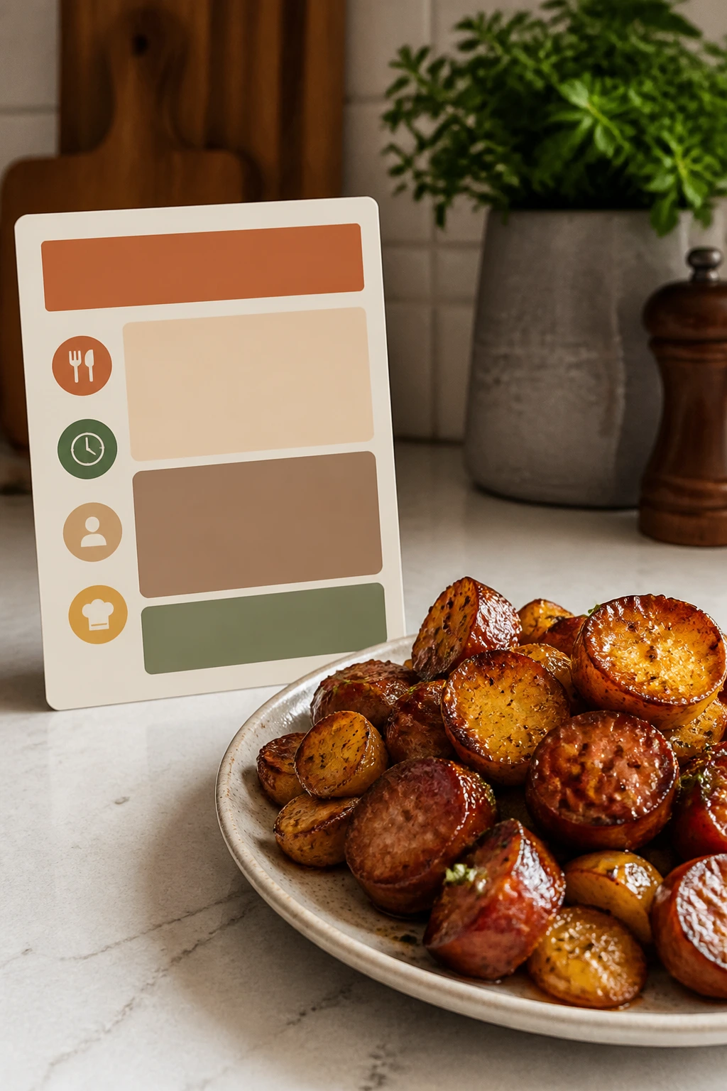 Stylized recipe card next to sausage dinner on kitchen counter