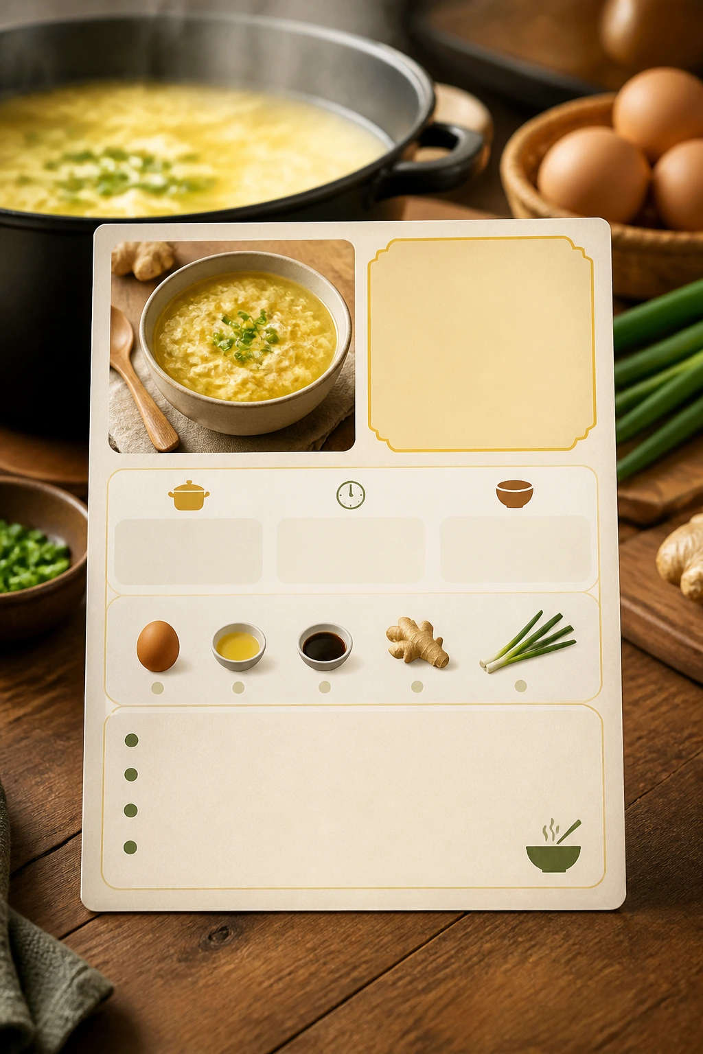 Recipe card for egg drop soup on a kitchen counter with a steaming pot in the background
