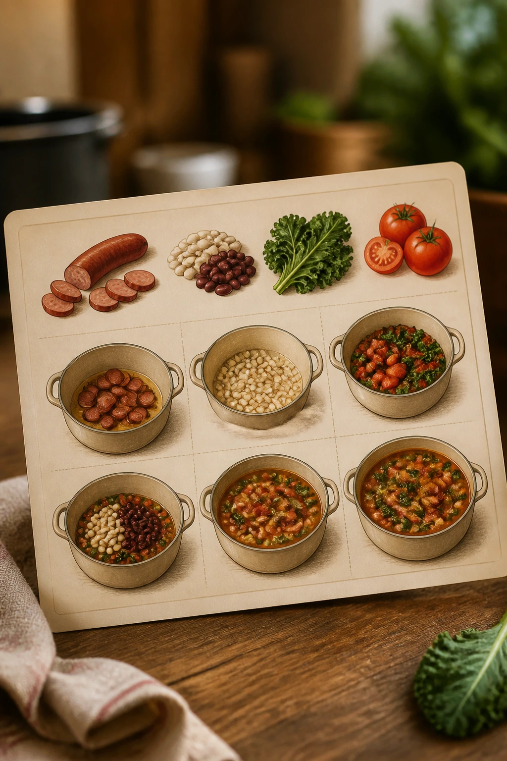 Stylized recipe card with soup ingredients illustrated as icons