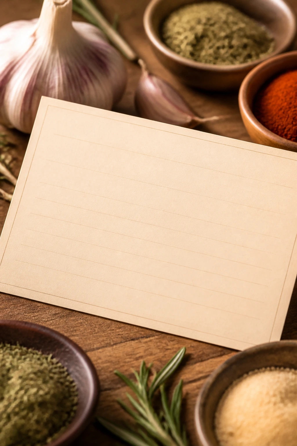 Blank recipe card with garlicky Mediterranean spices in a warm kitchen