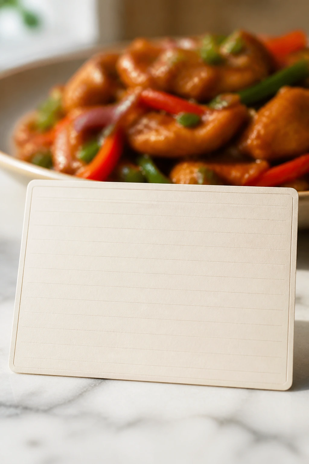 Extreme close-up of a blank recipe card on a kitchen counter with a blurred plate of crispy chicken stir fry behind it.