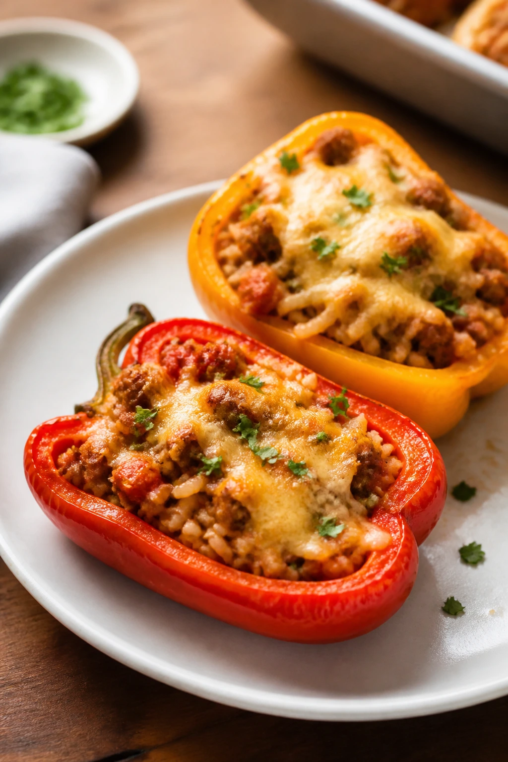 Two stuffed peppers on a plate with a blurred recipe-card backdrop