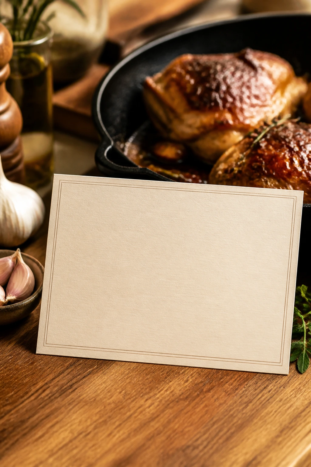 Blank recipe card on wooden counter suggesting a recipe card for crispy balsamic chicken thighs