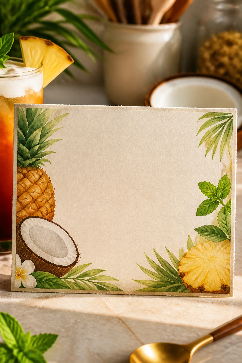 Close-up of a blank tropical recipe card on a kitchen counter