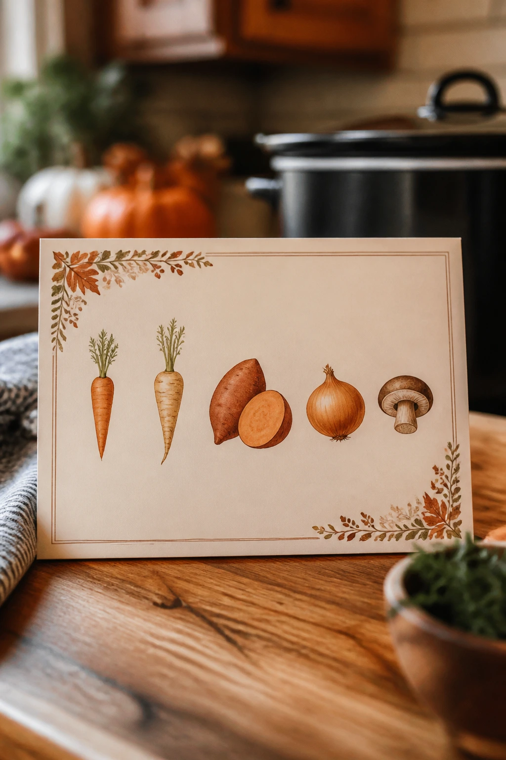 Close-up of a decorative recipe card with ingredient icons for fall vegetables on a wooden counter.