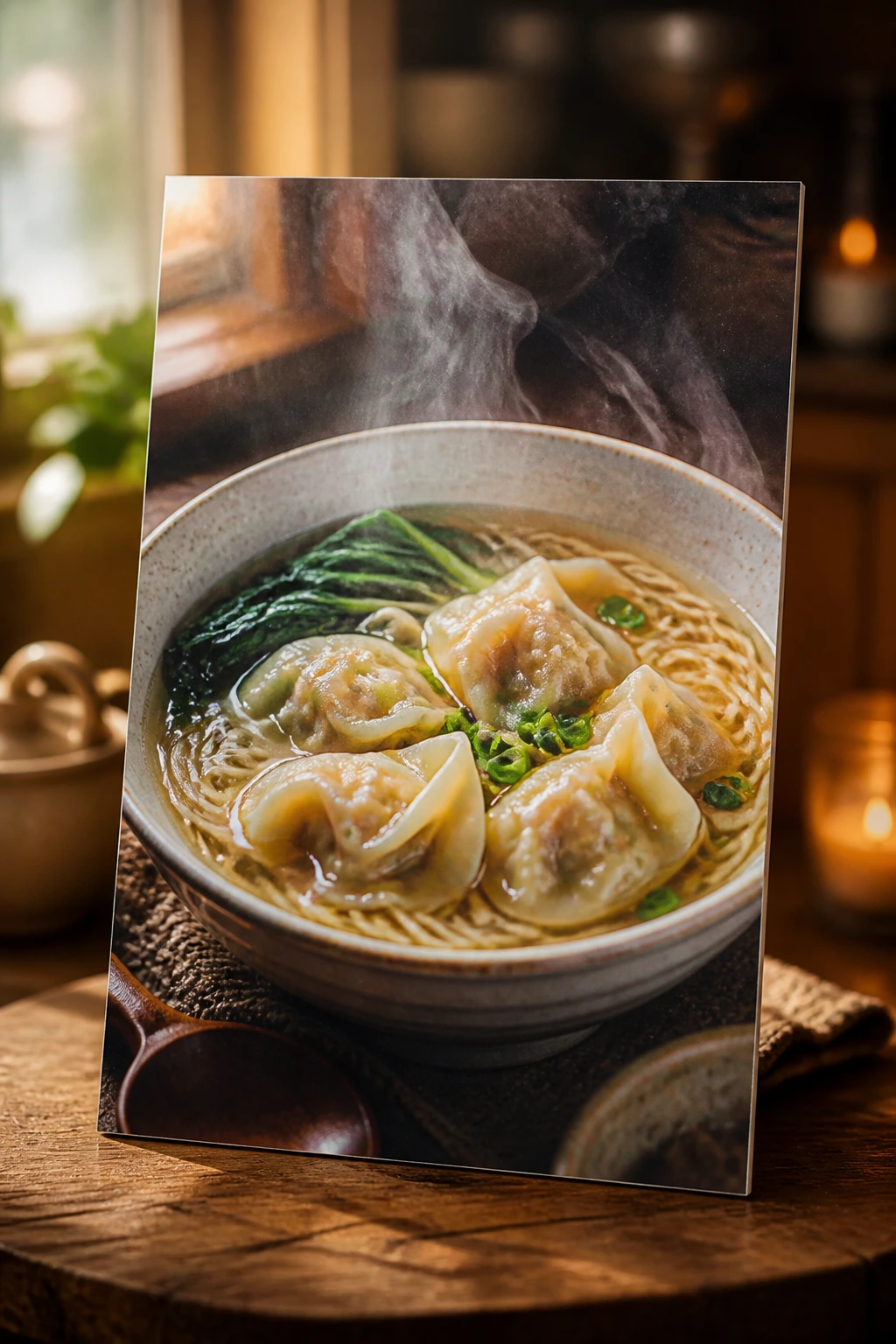 Recipe card featuring a steaming bowl of wonton noodle soup on a kitchen counter