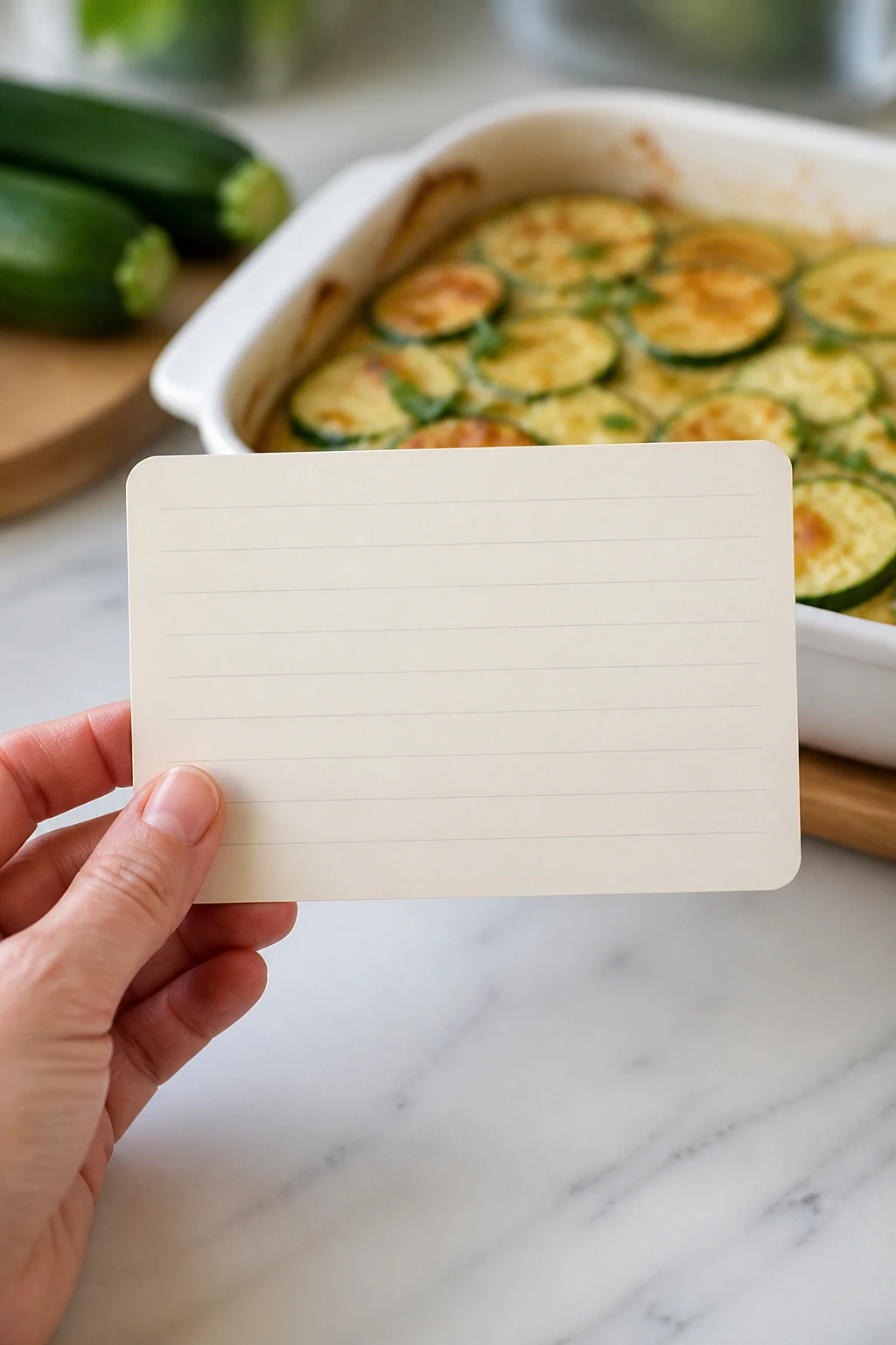 Hand holding blank recipe card in kitchen with zucchini bake in background.