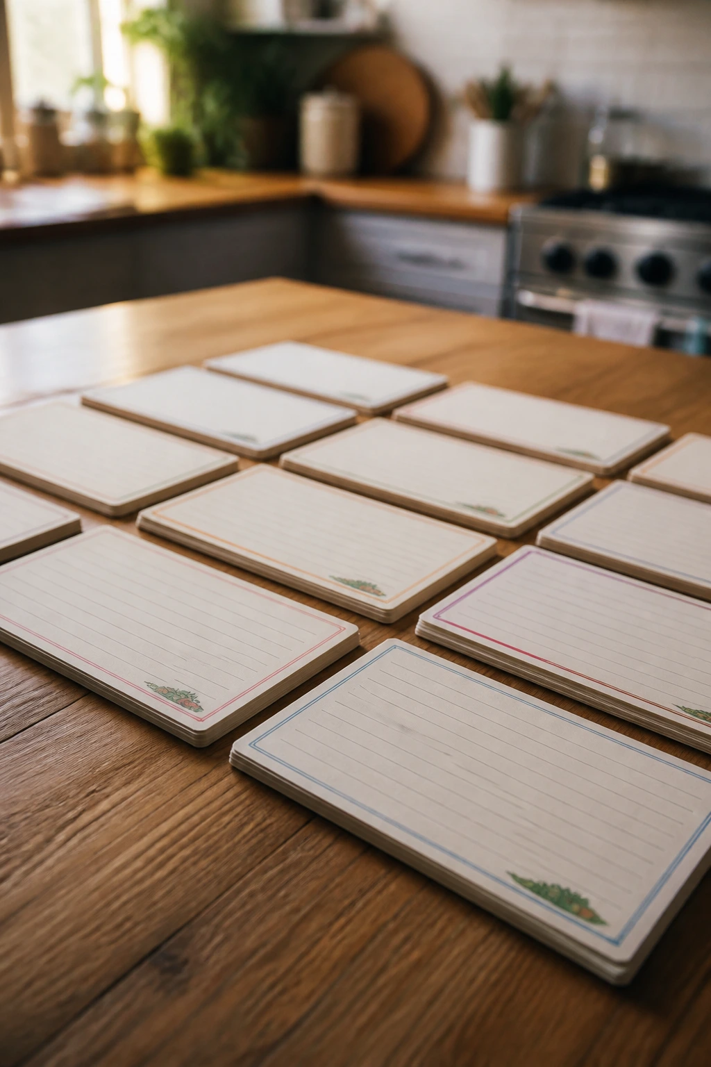 Grid of blank recipe cards on a wooden table with a warm kitchen background