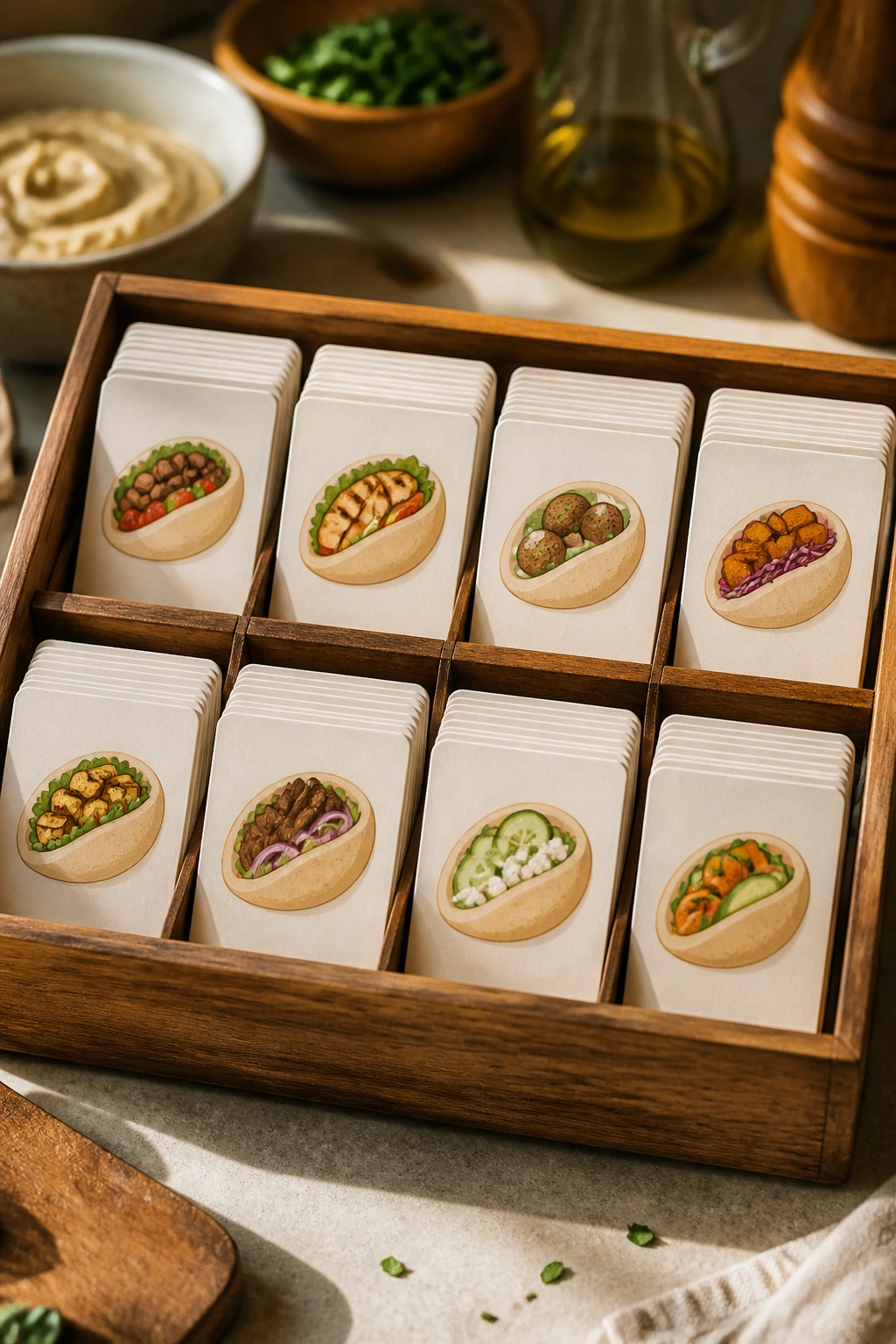Set of recipe cards with simple icons for pita fillings on a wooden tray