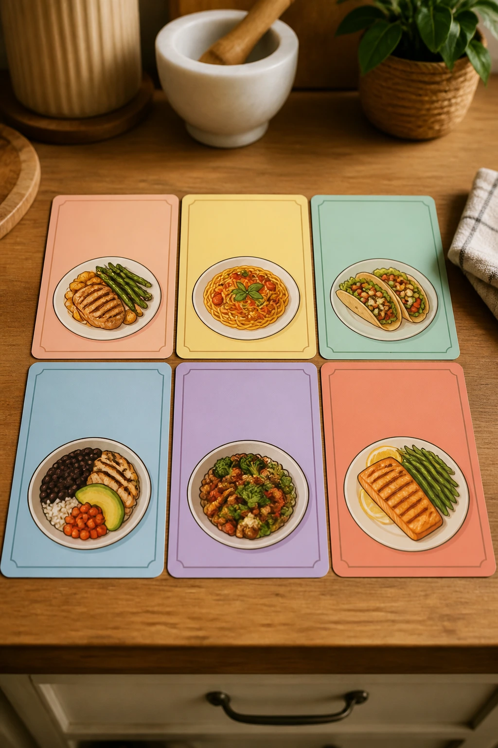 Six recipe cards with meal icons on a wooden counter