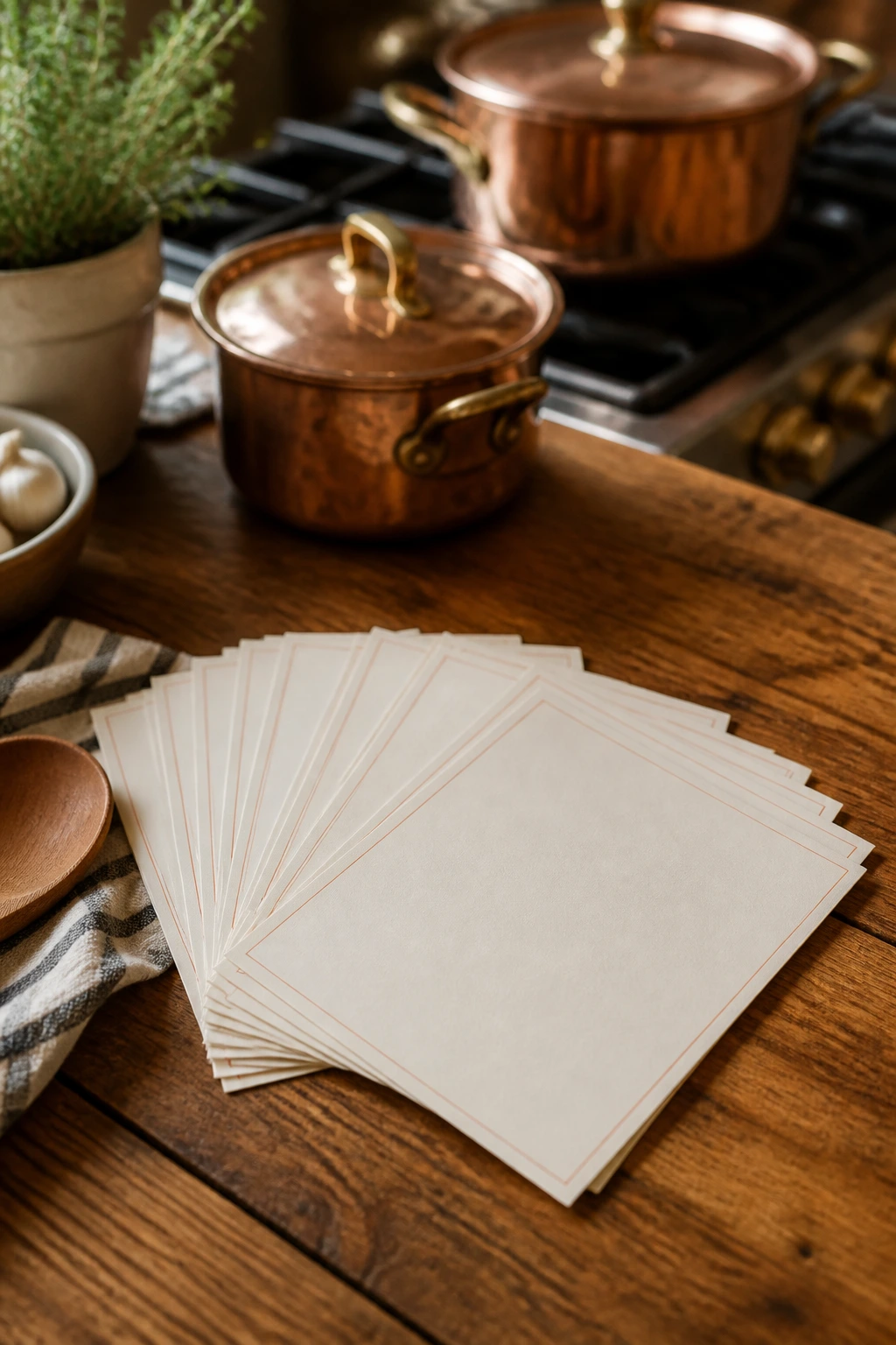 Circular fan of blank recipe cards on a wooden table, representing a beef recipe collection.