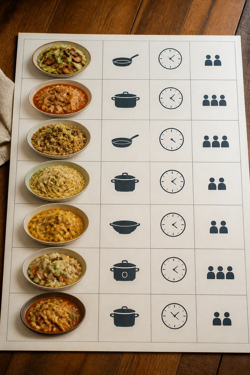 Close-up of a simple recipe reference grid on a wooden table with dish icons