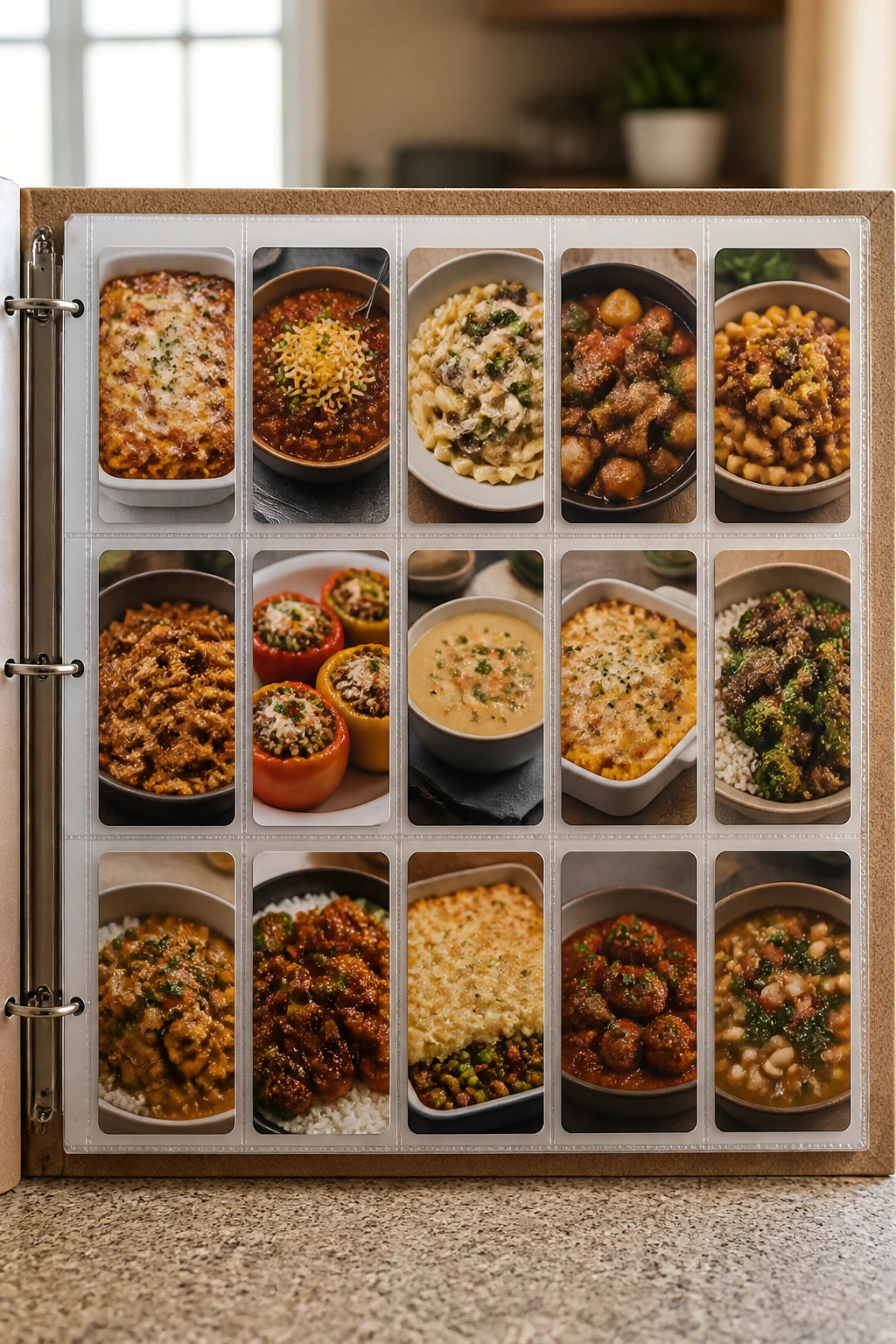 Close-up of a grid of recipe thumbnails on a board for quick reference in a kitchen