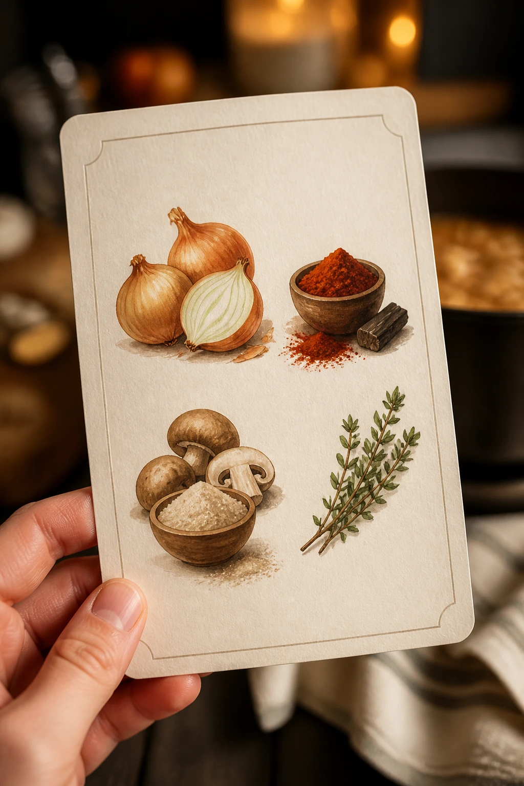 Close-up of an icon-only recipe card for Smoky Onion Soup Mix held by a hand