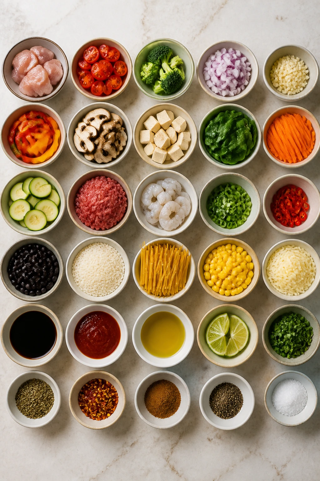 Top-down grid of colorful bowls with varied ingredients on a counter