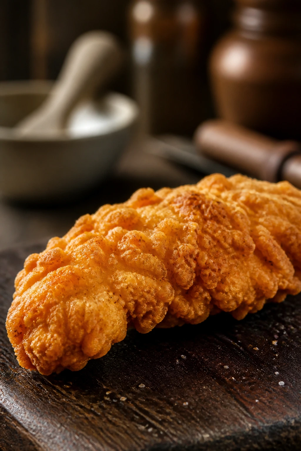 Chicken tender on dark wood surface suggesting recipe reference