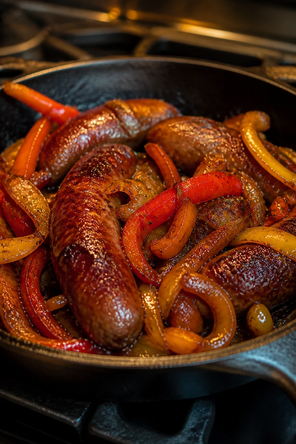 Finished sausage and peppers with glaze in a skillet ready to serve
