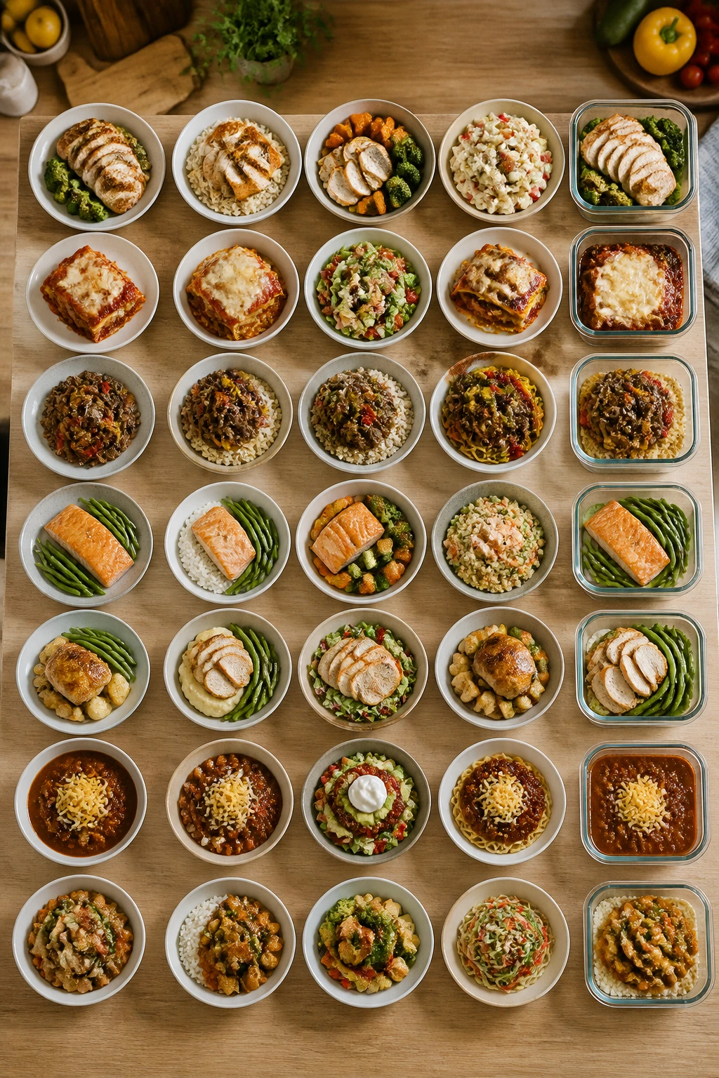 Top-down grid of bowls and plates on a kitchen counter representing a recipe table layout.